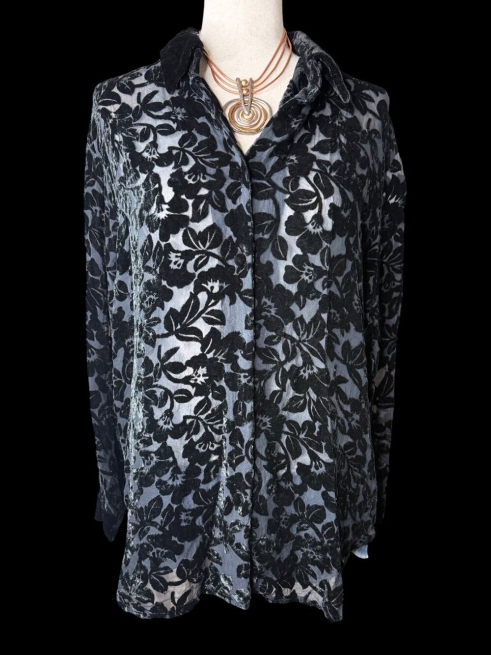 Vintage Sheer Silk Blend Black Velvet Burnout Button-Up Blouse M Whimsigoth vamp